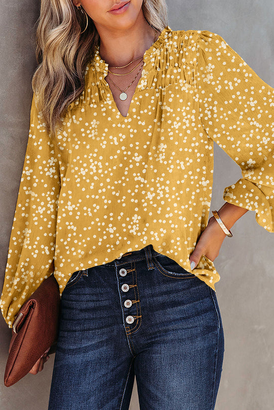 Crushed yellow printed blouse with split collar and fall