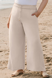 Pantalon large taille haute smocké beige grande taille