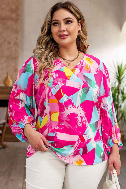 Pink Plus Size Graffiti Print Split Neck Puff -Ärmel Bluse