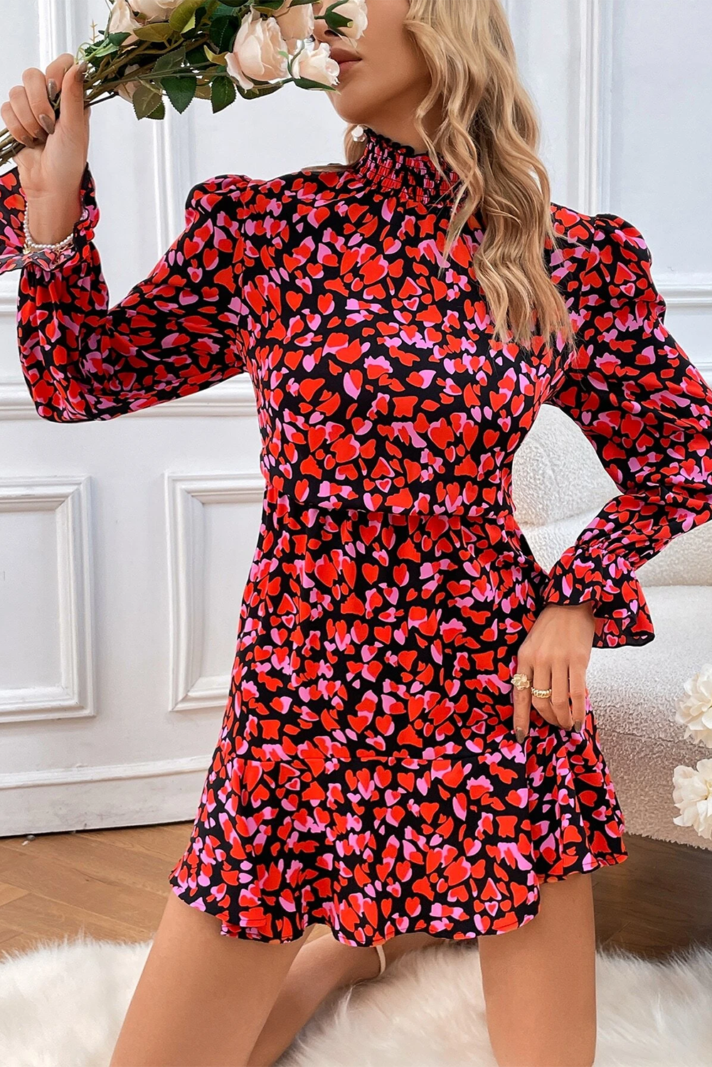 Red Valentines Day Heart Form Print Langarm Mini Kleid