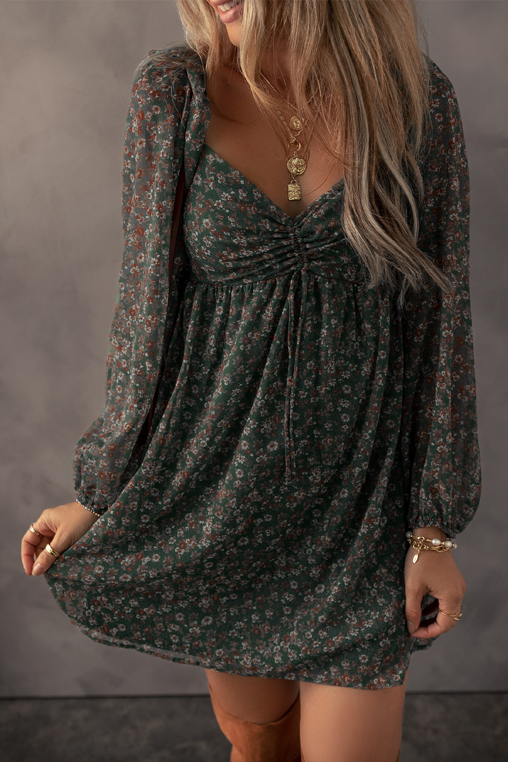 Green Floral Print Mini Dress with Ruched Sweetheart Neckline at Back