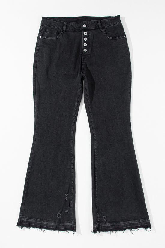 Black high waisted flared jeans with button front