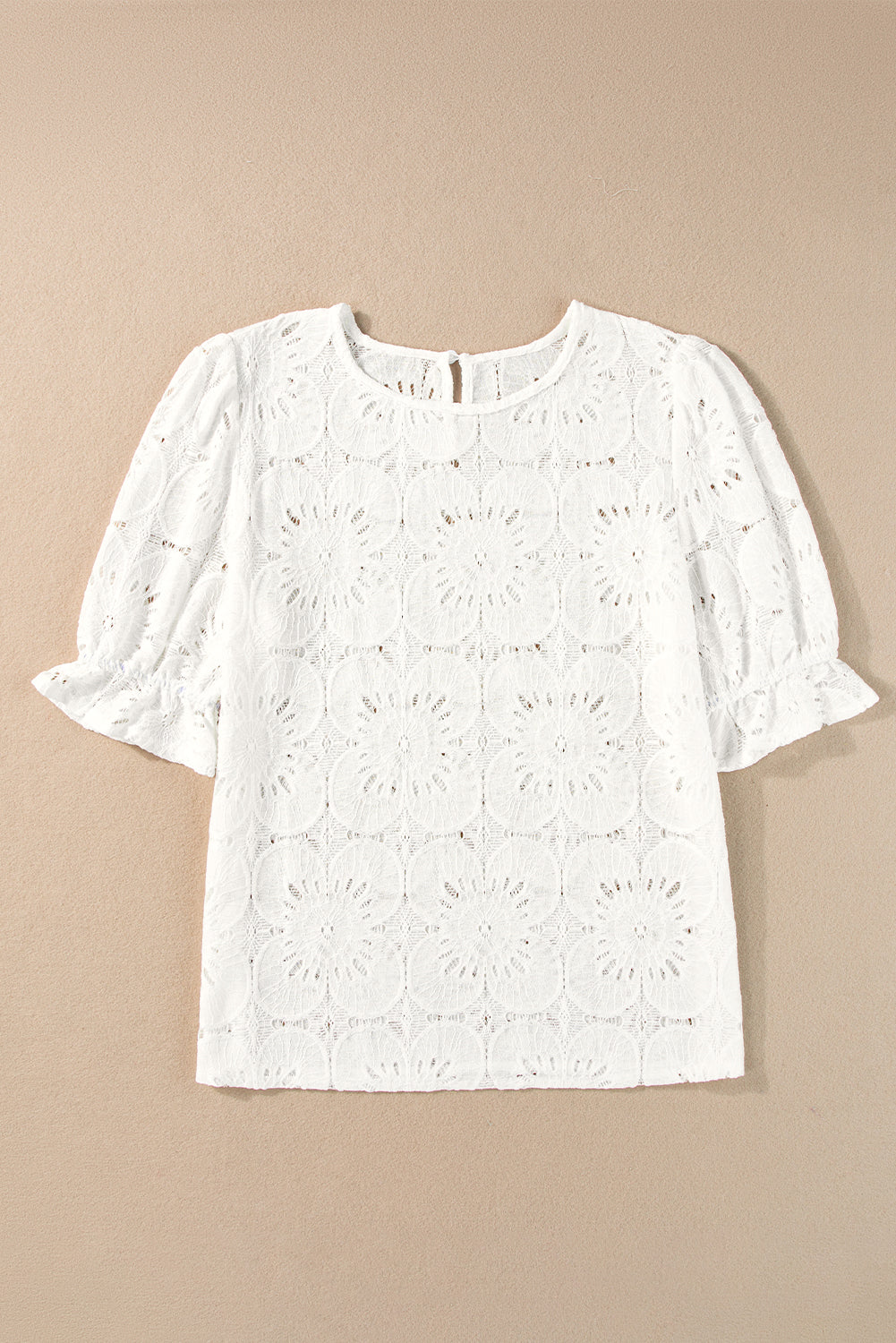 White with ruffle sleeves and jacquard lock hole with eyelets and flowers