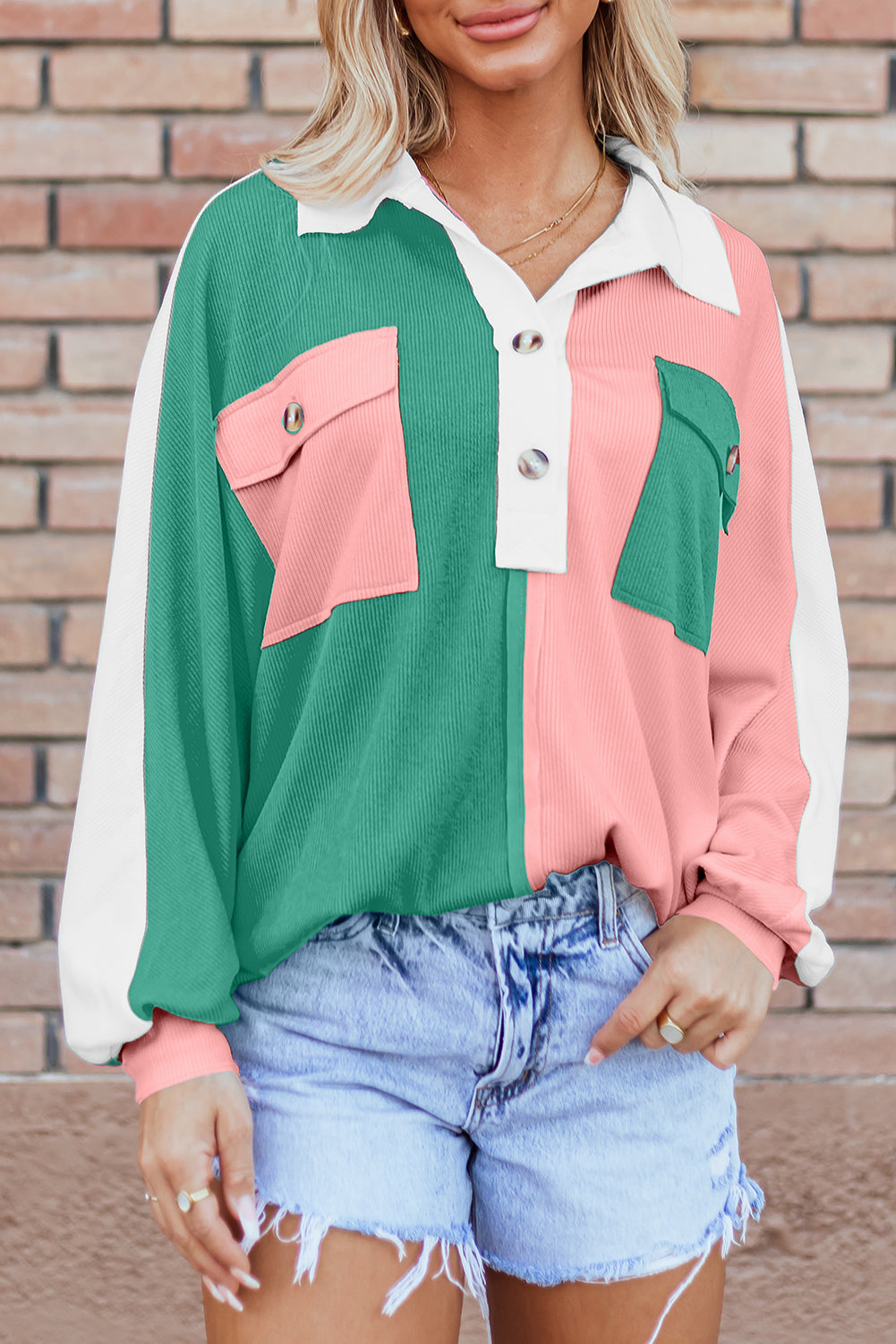 Sweat-shirt oversize rose à col côtelé et color block