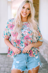 High fluid with short sleeves printed Bohemian multicolored flowers