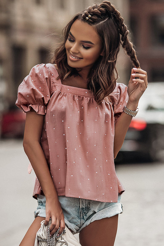 Pink Square Neck gepunktete Druckpuffhülle Bluse mit Krawattenrücken