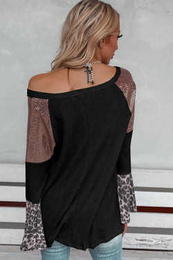 Black Bell Sleeve V-Neck Sequin Patchwork Tunic Top