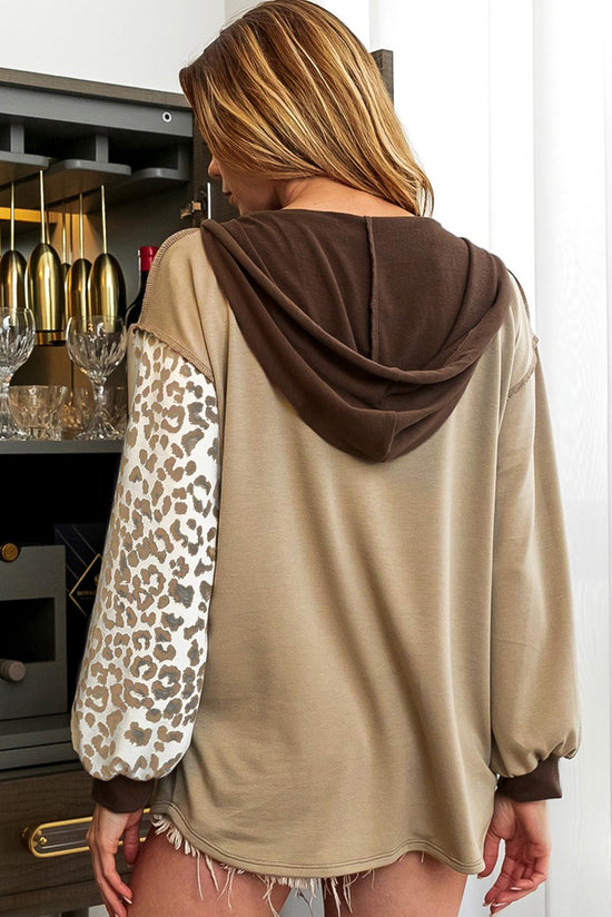 Brown Leopard Print Color Block Henley Hoodie with Chest Pocket