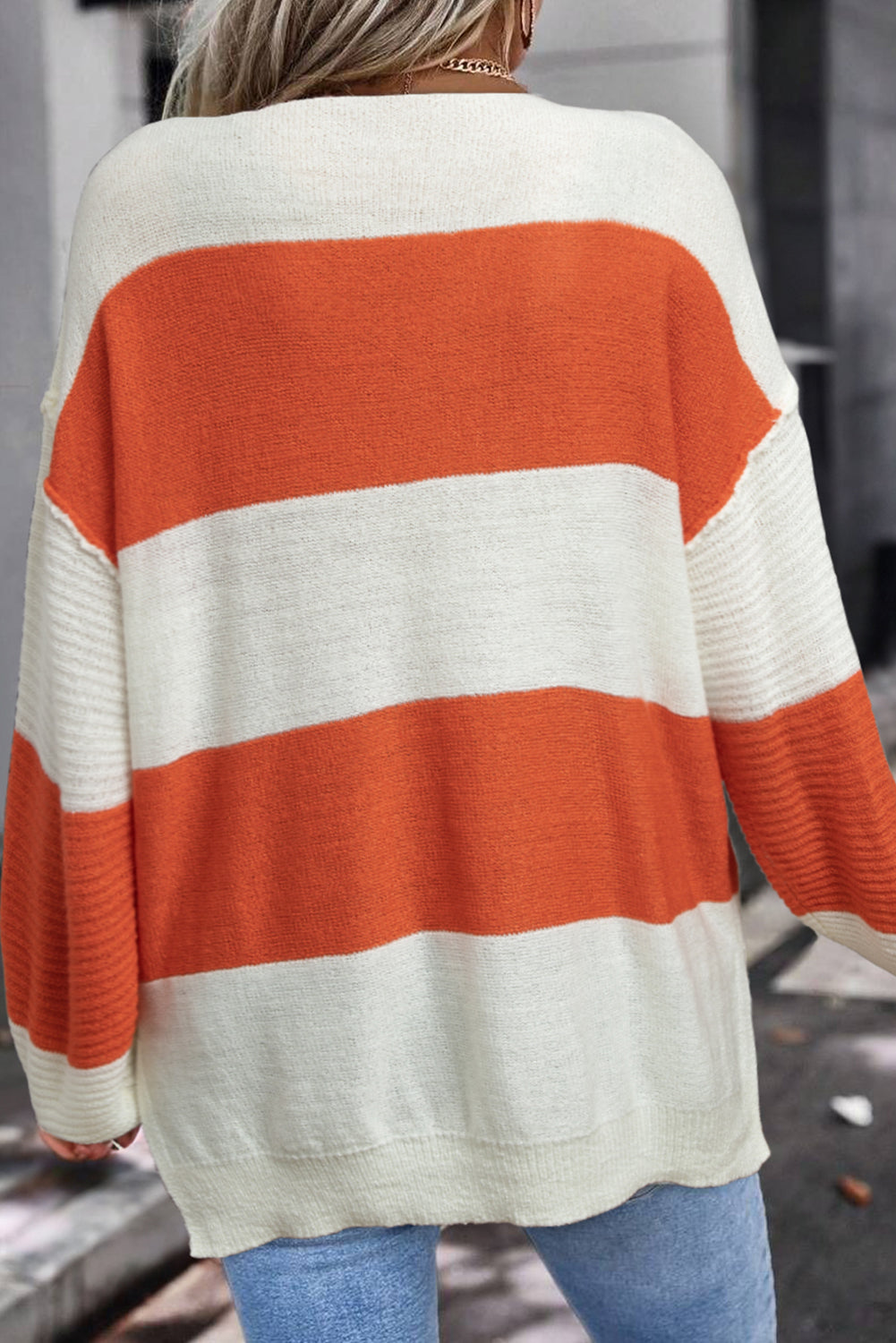 Orange striped and color block loose sweater with dropped shoulders and bubble sleeves