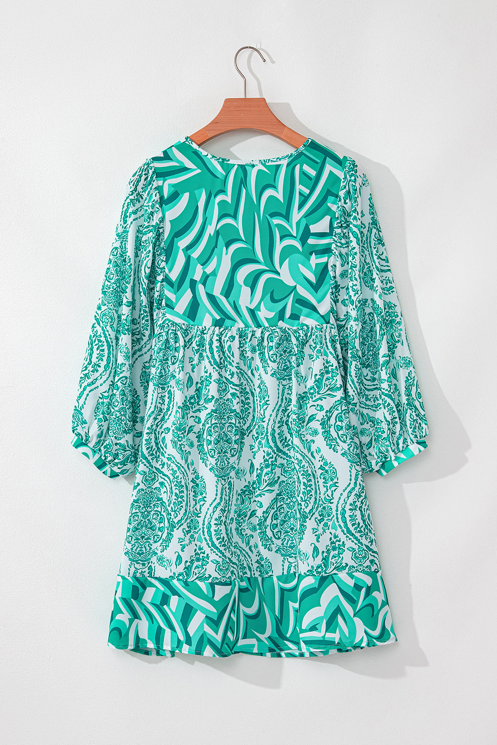 Green Bohemian Print Puff Sleeve Tied V Neck Flared Mini Dress