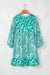 Green Bohemian Print V-Neck Tie Front Puff Sleeve Flared Mini Dress