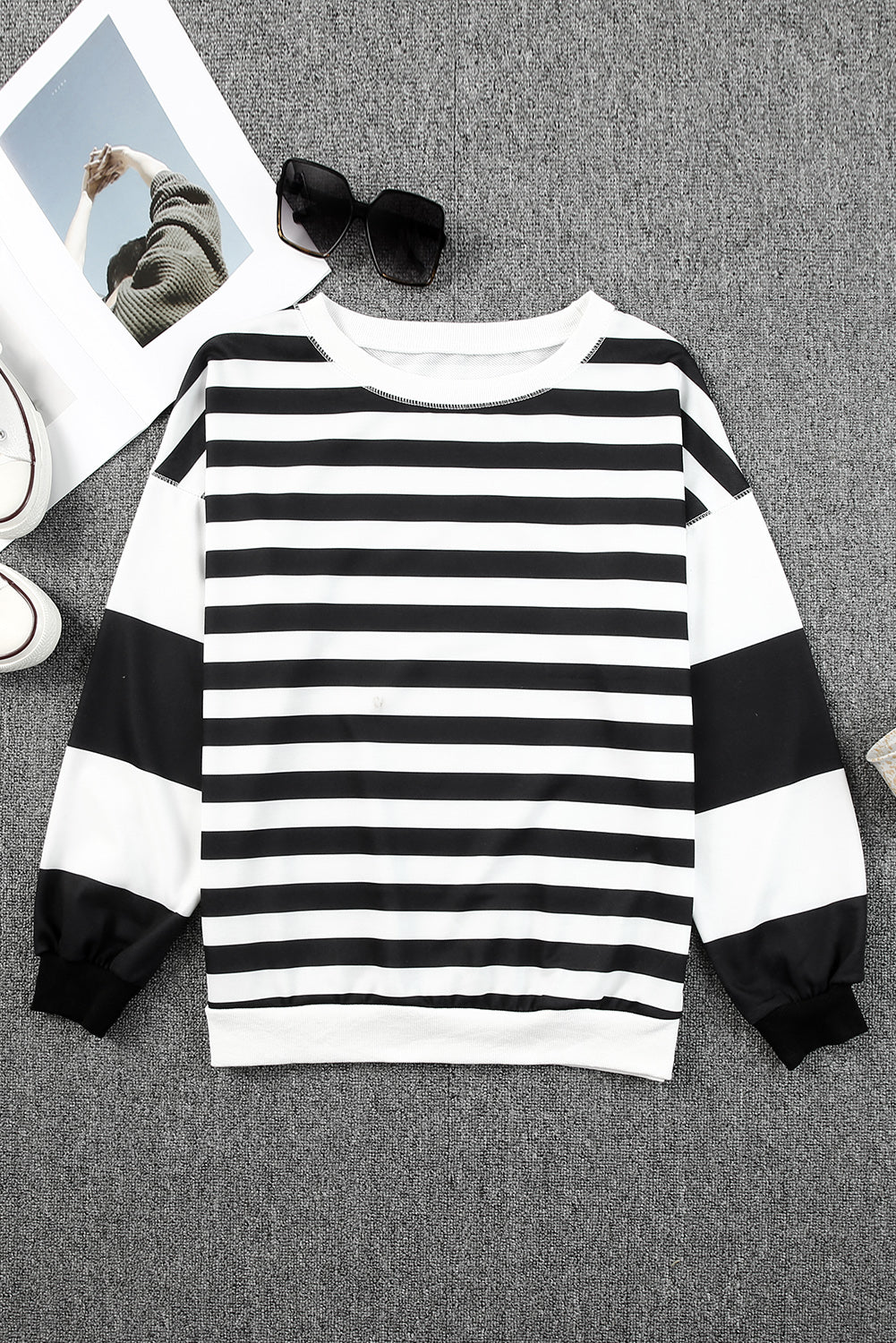 Black Stripe Drop Shoulder Striped Pullover Sweatshirt