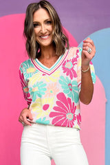Multicolor sweater with short sleeves and V -collar with floral print