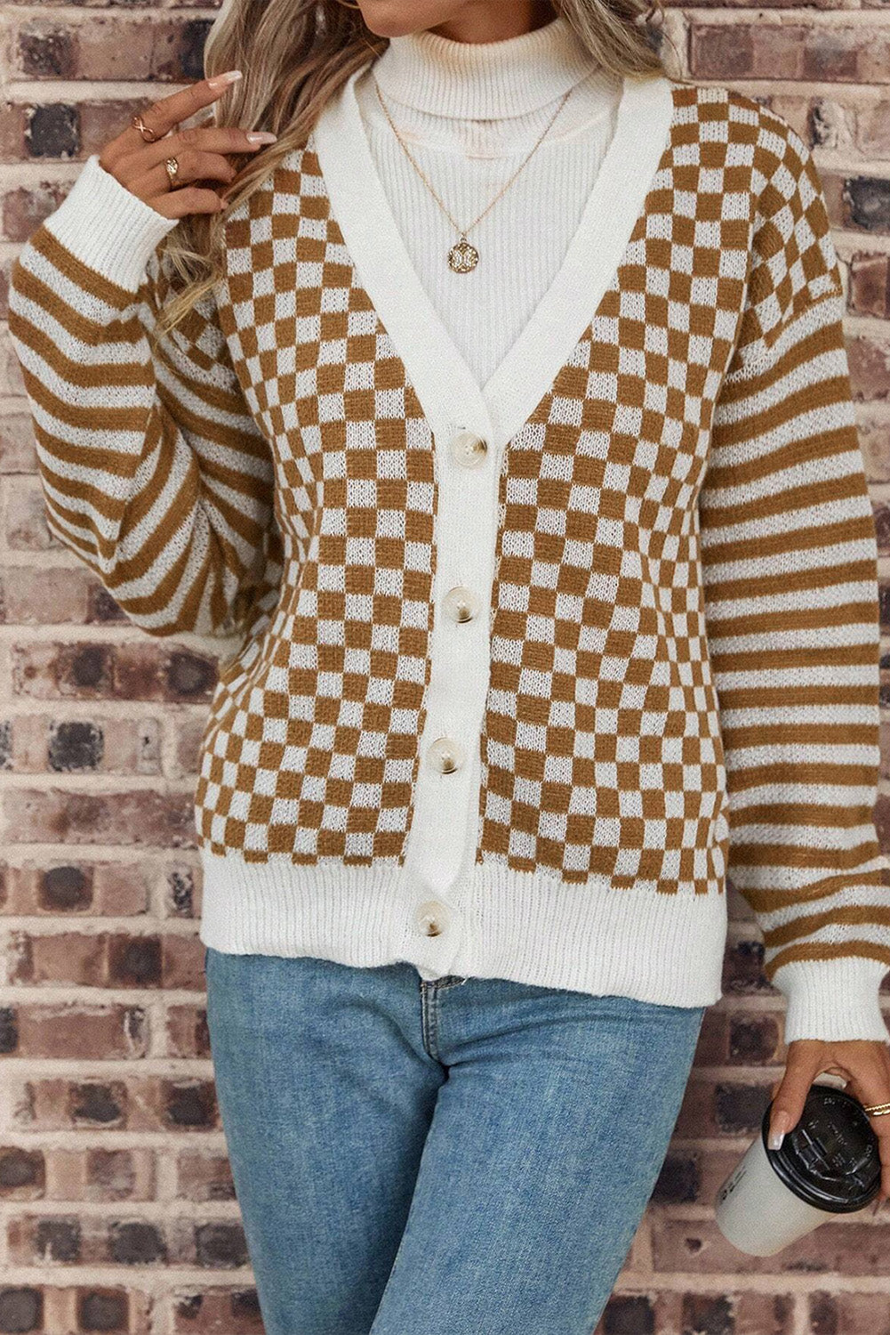 Brown Striped Plaid Button-Up V-Neck Cardigan