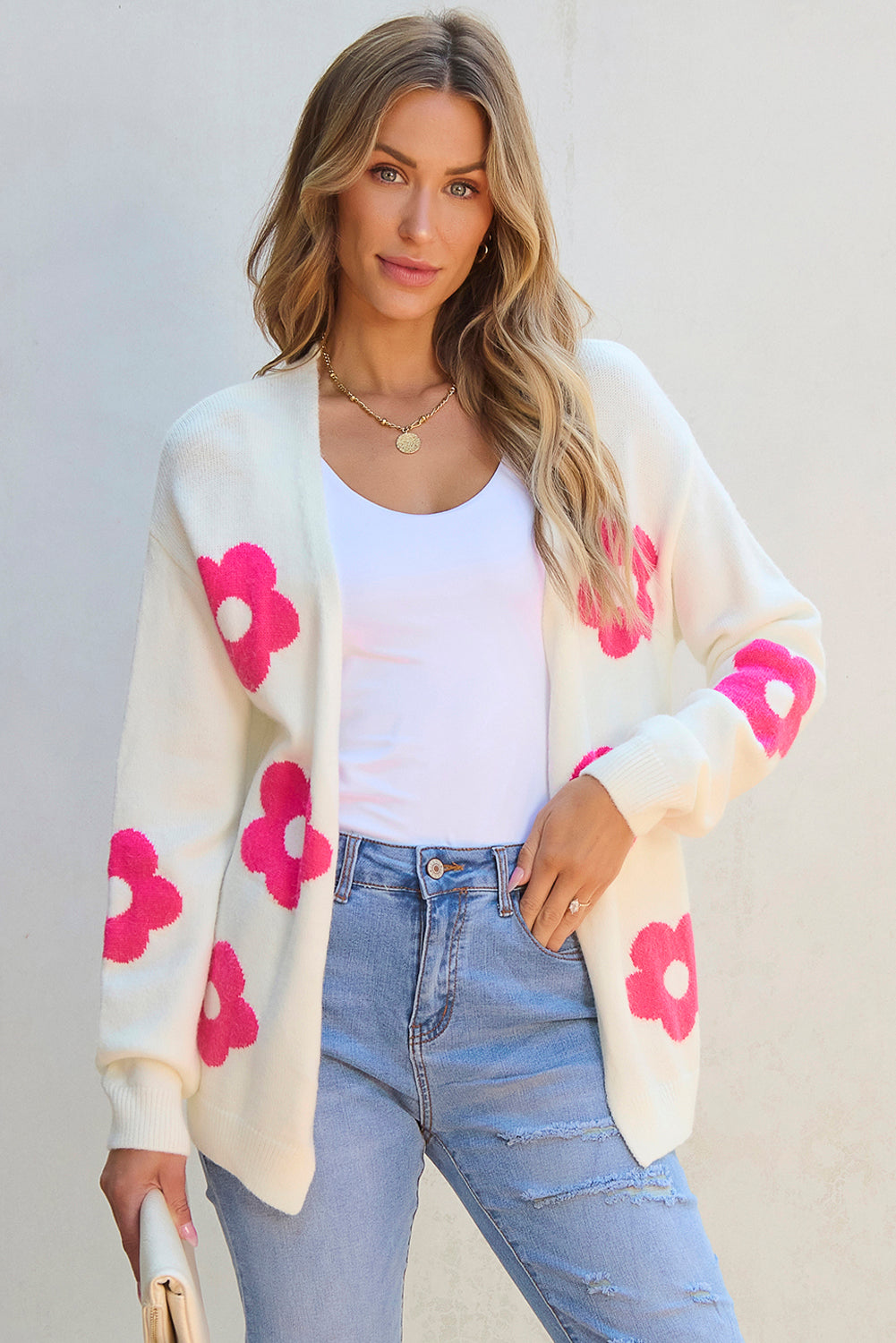 Open front cardigan with red pink flower pattern