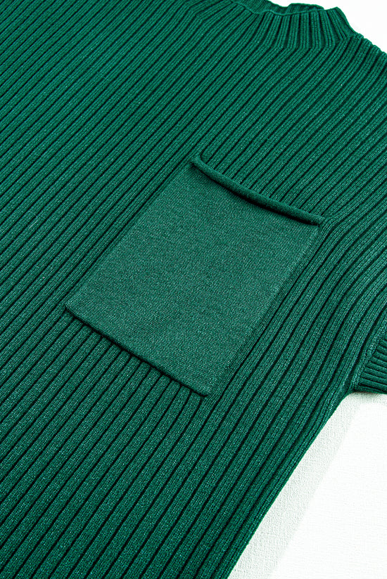 Robe pull à manches courtes en tricot côtelé avec poche plaquée vert noirâtre