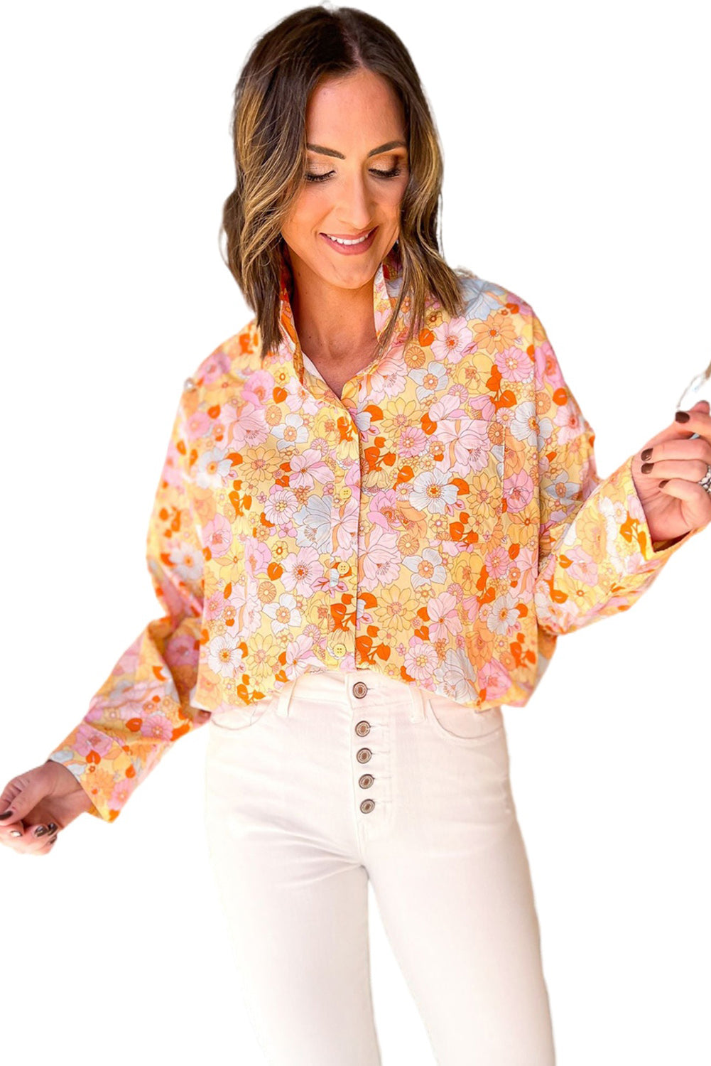 Impression florale jaune chemise en vrac de baisse