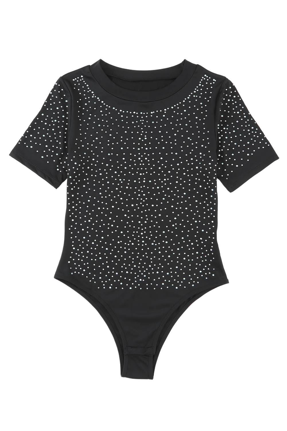 Rhinestone negro Bodysuit de manga corta de cuello redondo