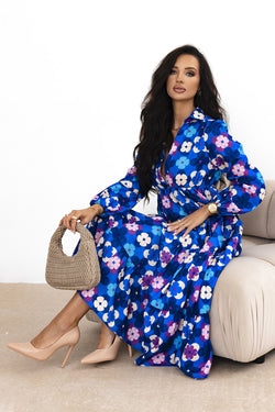 Blue floral midi dress with ruffled peasant sleeves and ruffles