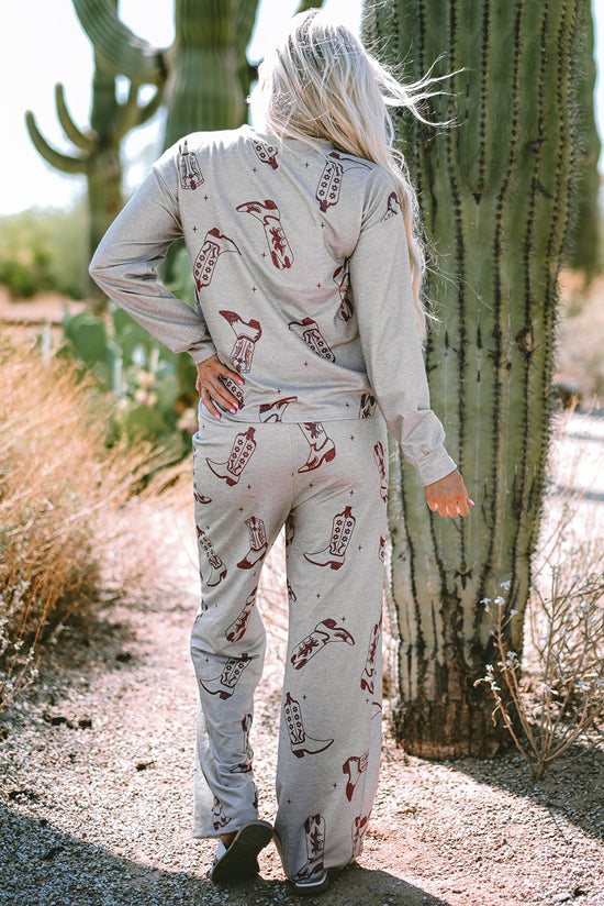 Ensemble de salon avec haut et pantalon à manches longues et bottes de cow-girl grises imprimées