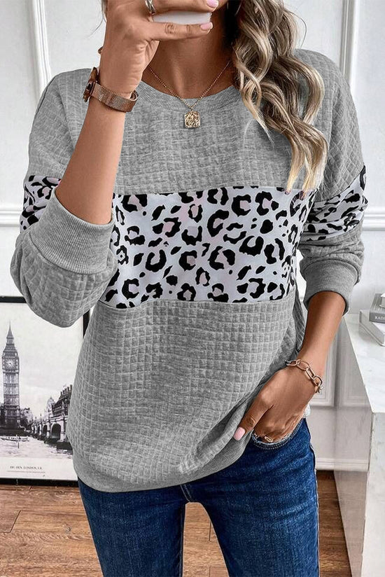 Gray sweatshirt with neck and patchwork quota leopard