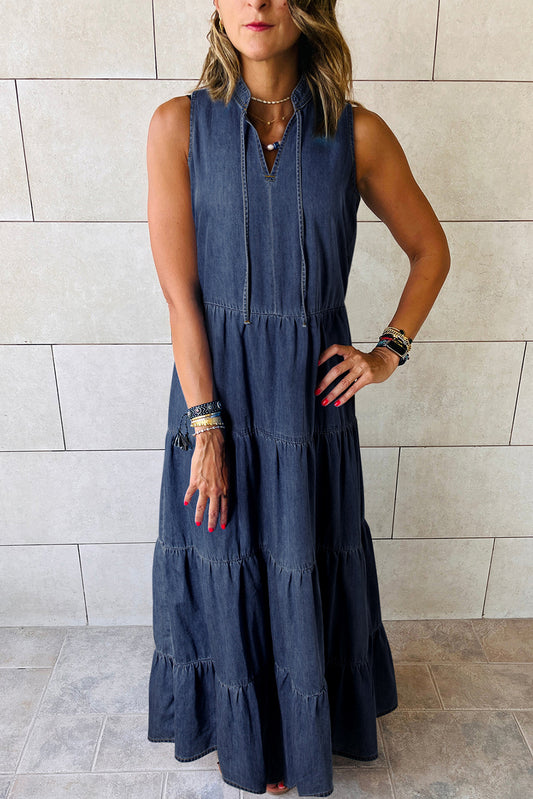 Echtes blaugrüne ärmelloses Chambray Maxi -Kleid