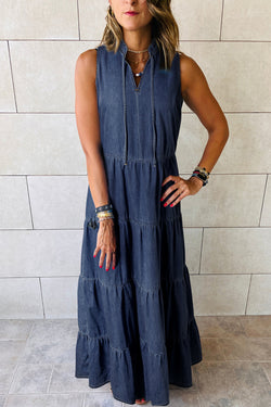 Vestido largo en Chambray en varios niveles sin Sarcelle Blue Manga