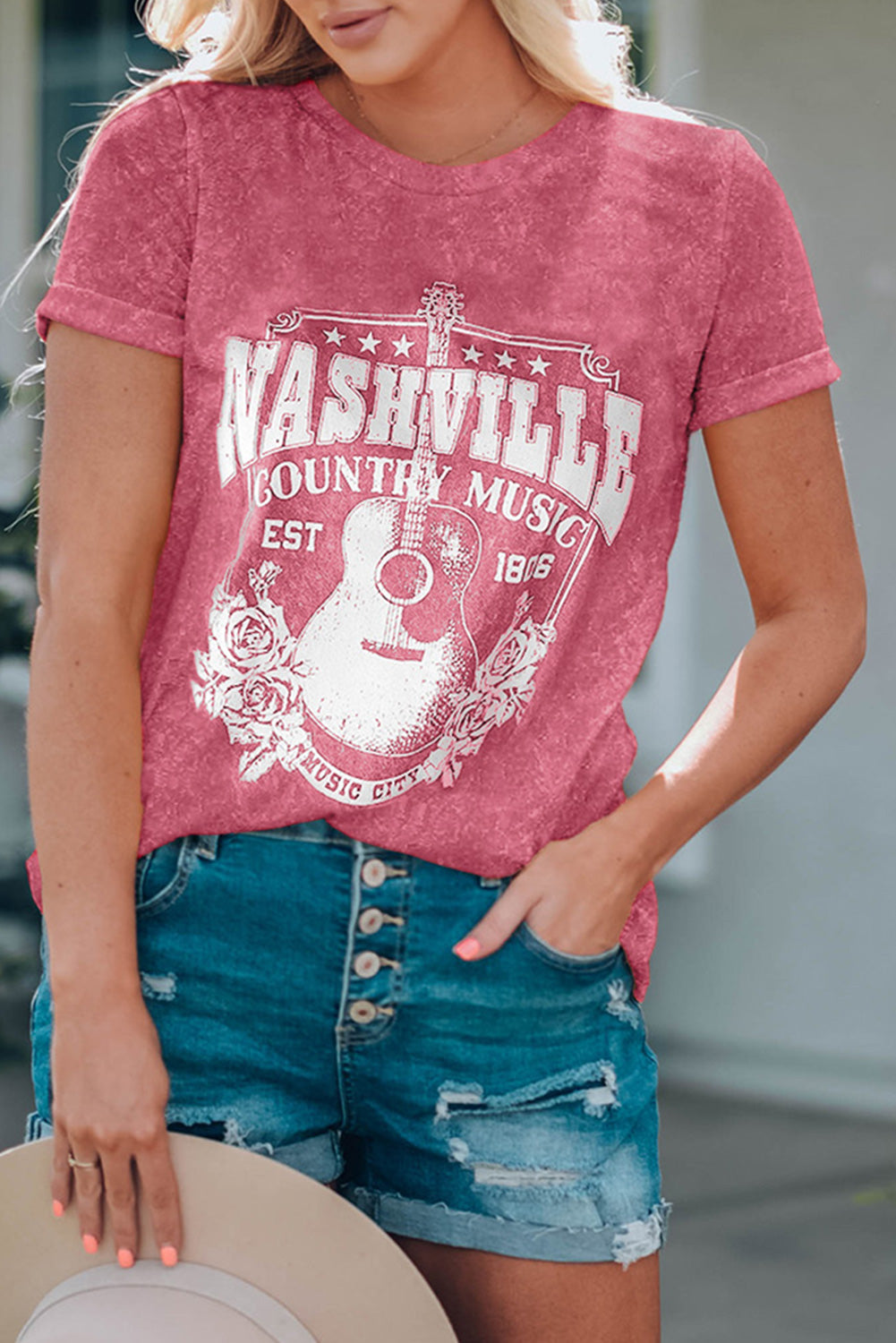 T-shirt délavé minéral graphique Nashville Music City rouge ardent