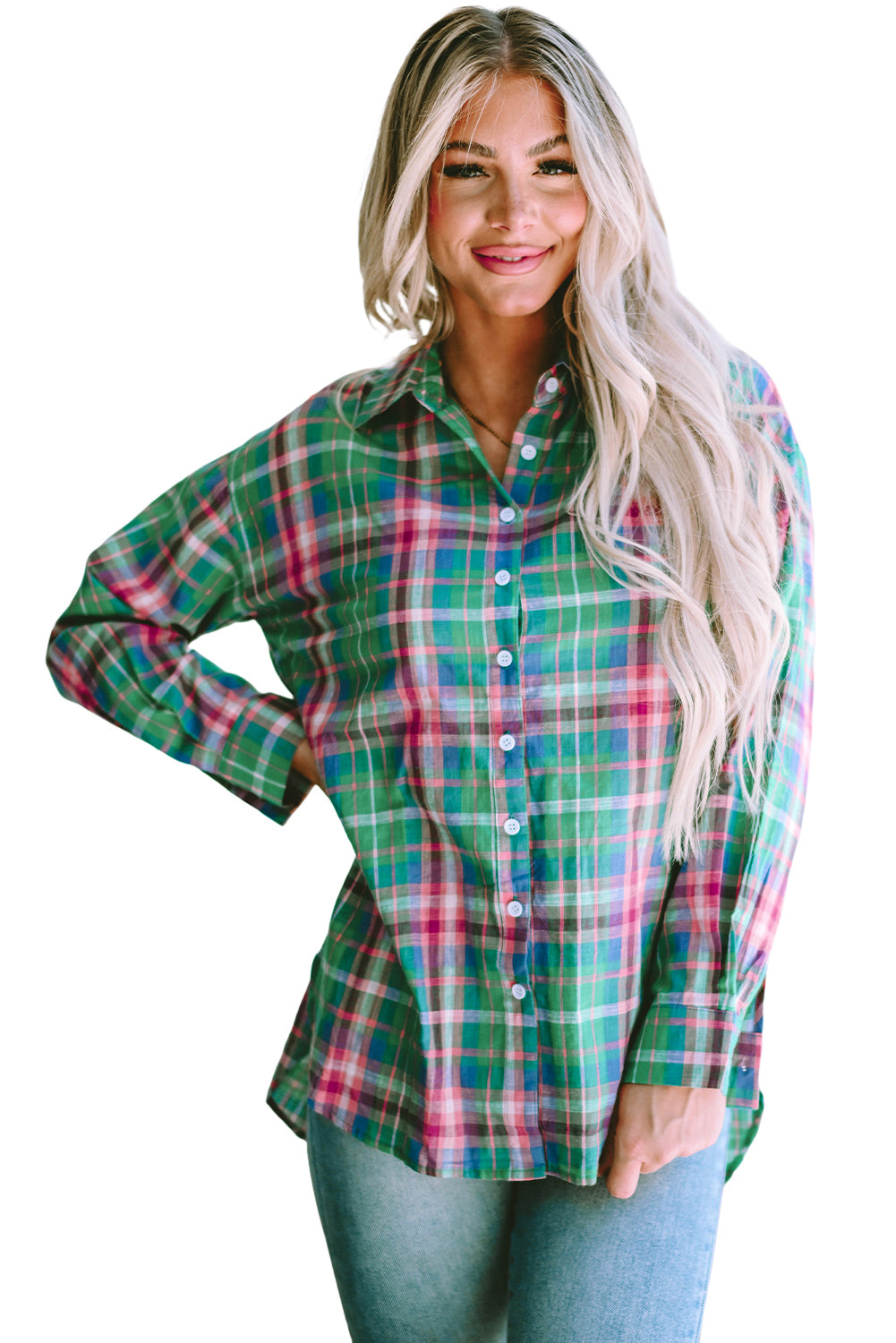 Chemise fendue boutonnée à manches longues et à carreaux verte-A WOMAN WE LOVE