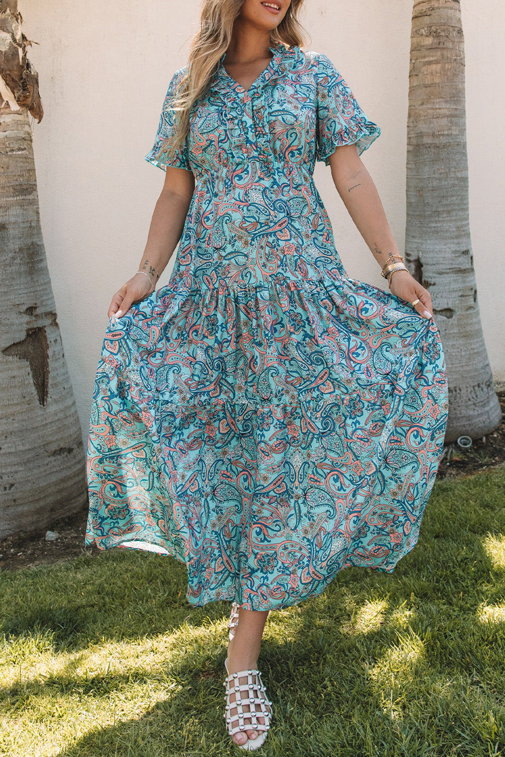 Sky Blue Paisley Print Boho Holiday Ruffle MAXI Robe