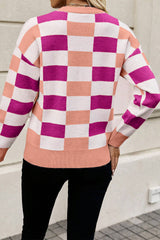 Pink sweater checkered and ribbed edges *