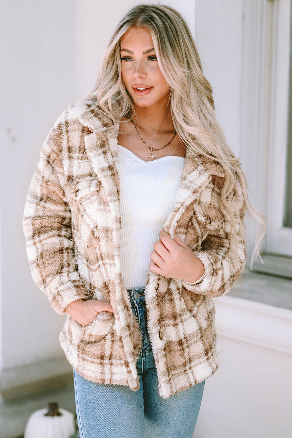 Khaki Sherpa Plaid Button Taschenjacke