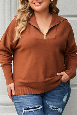 Pull marron à col zippé et bordure côtelée unie, grande taille