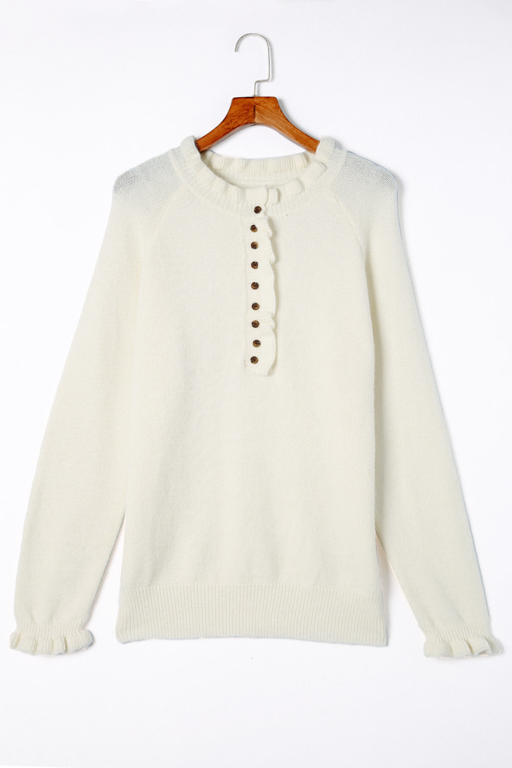 Pull pull en tricot boutonné à volant beige