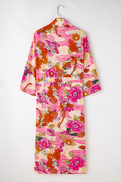 Kimono rose à imprimé floral et ouvert sur le devant avec ceinture