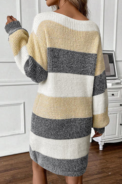 Color block striped sweater dress, bubble sleeves, drooping shoulders