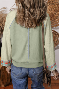 Meadow Mist Green Waffle Knit Wide Sleeve Patchwork Raglan Top