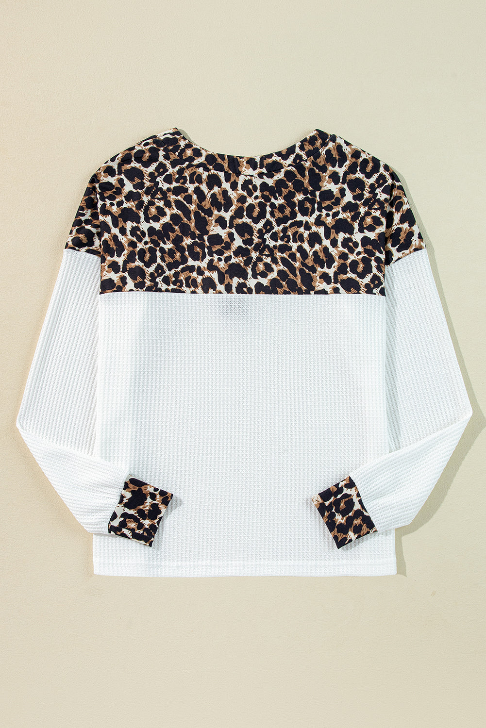 White Leopard Waffle Knit Patchwork Button V Neck