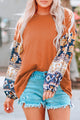 Brown Boho Floral Print Balloon Sleeve Top with Lace Detail