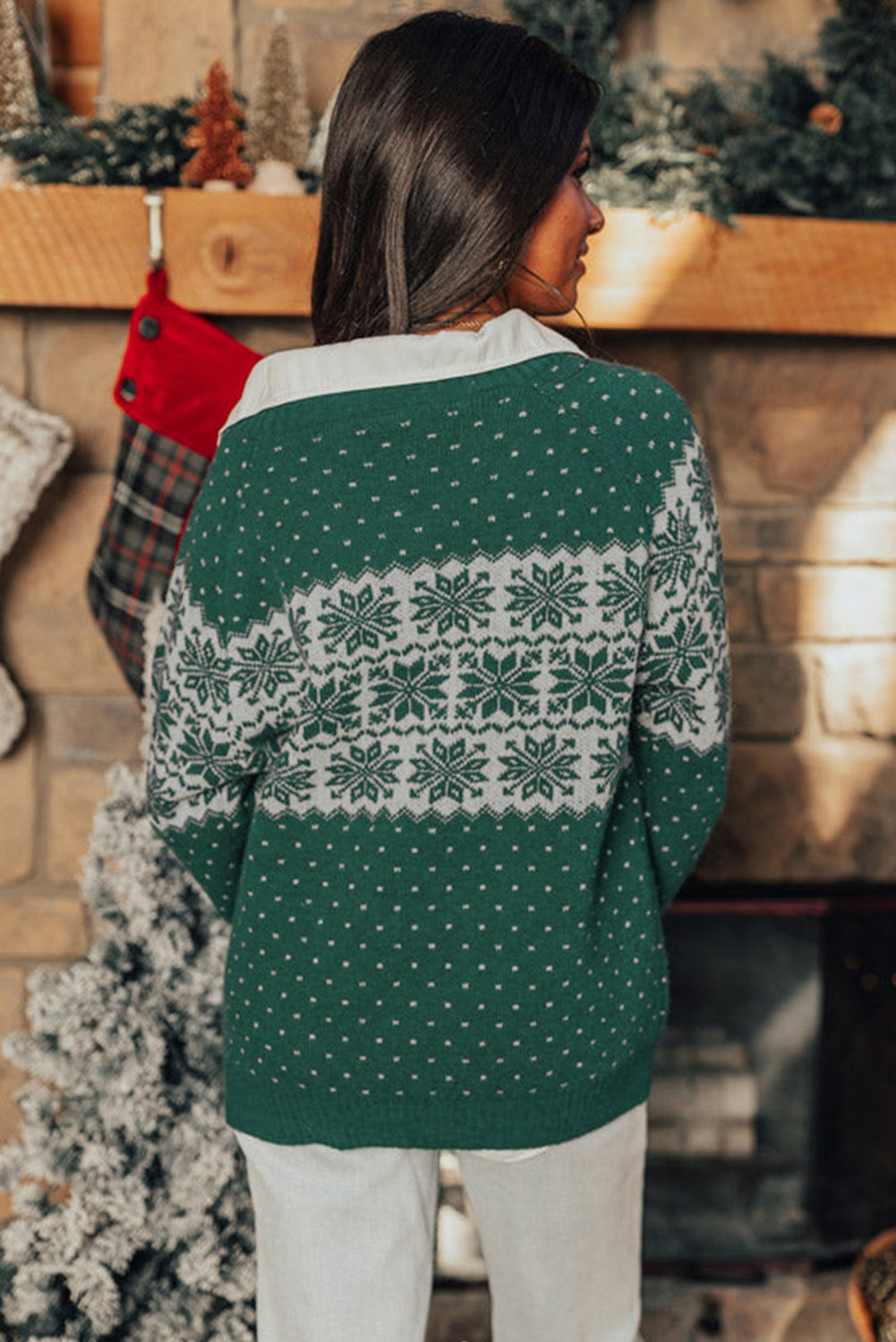 Pull de Noël vert à motif de flocon de neige et épaules tombantes, grande taille