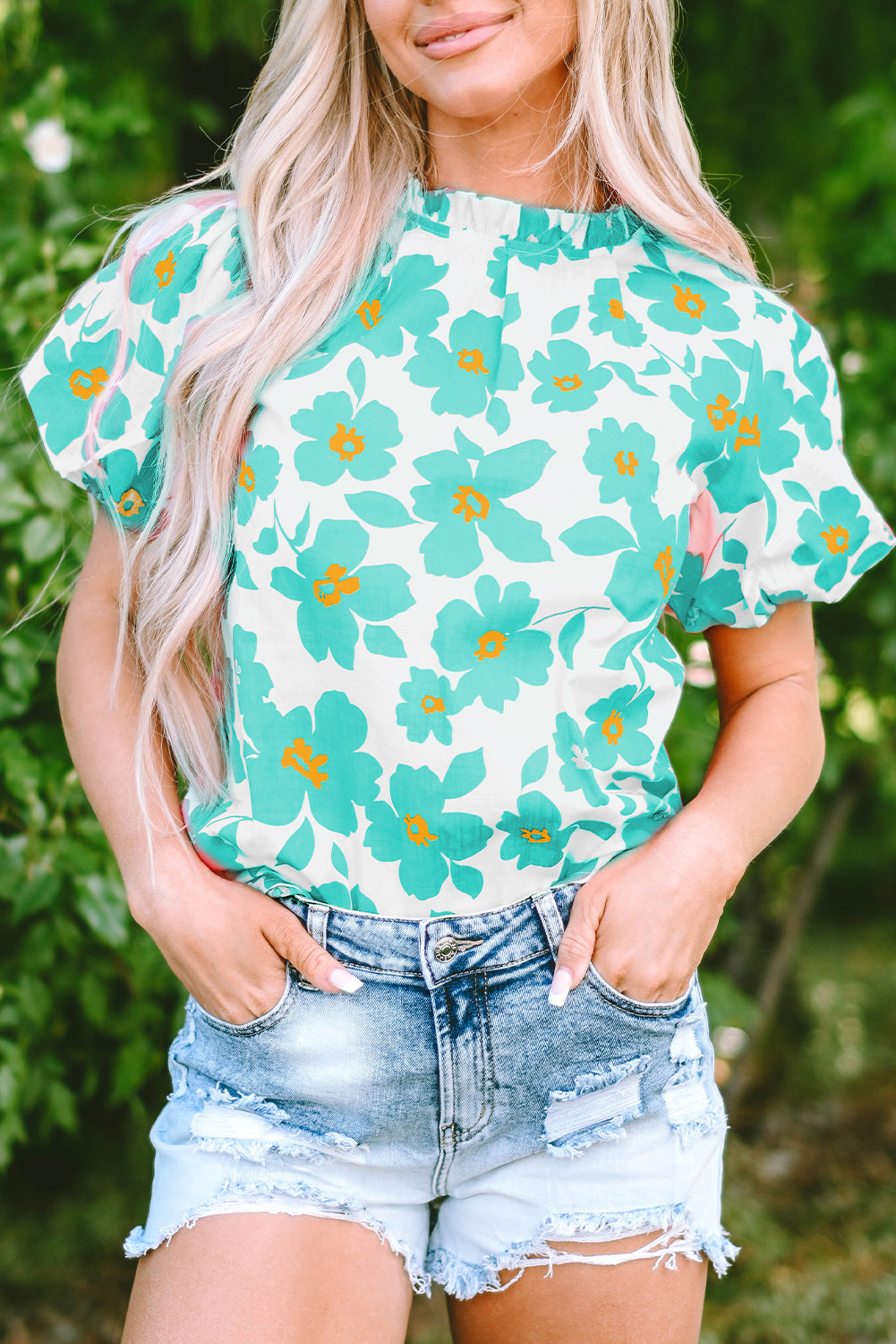 Flower green blouse with puffy sleeves *