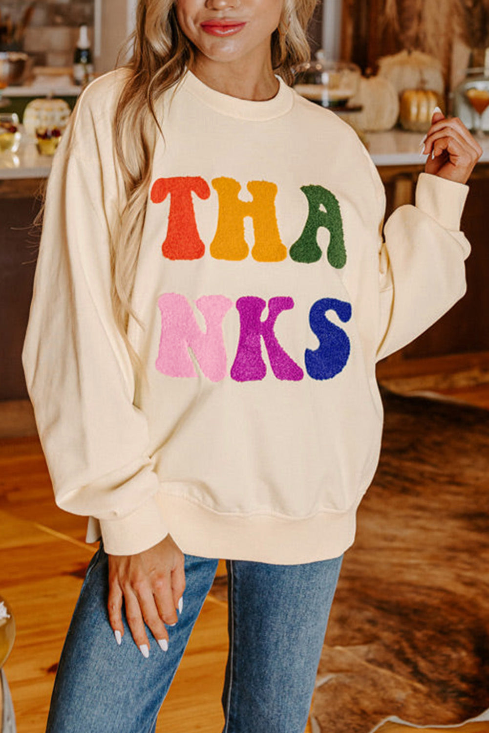 THANKS Apricot Chenille Embroidered Drop Shoulder Graphic Sweatshirt