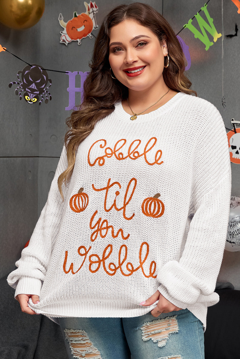 White Gobble Til You Wobble Pop Up Crochet Sweater Large Size