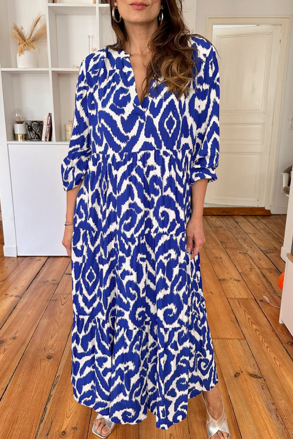 Blue Western Abstract Geometric Stampato Maxi Dress