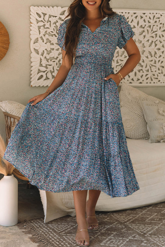 Blue Printed V-Neck Ruched Long Dress with Short Puff Sleeves