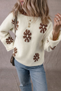 White round-neck sweater with color block floral pattern