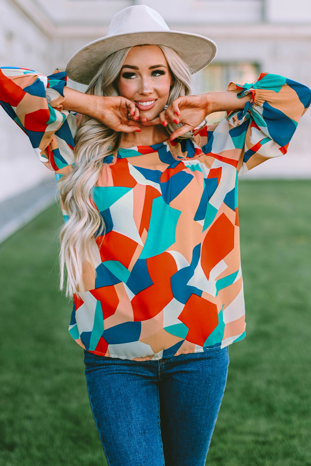 Multicolor abstrakte Muster Crewneck gekräuselte Puffhülle Bluse