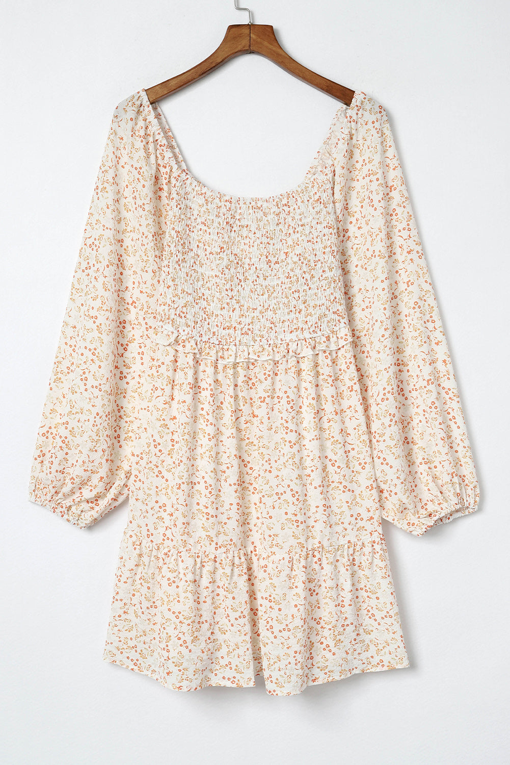 Apricot smocked puff sleeve floral bohemian mini dress