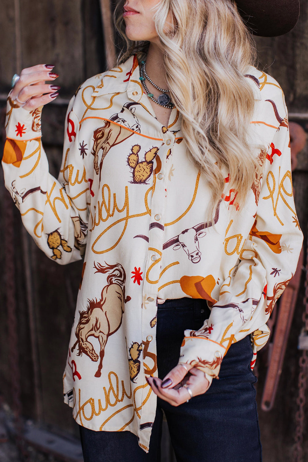 Beige howdy Western Patterns Button up Loose Shirt