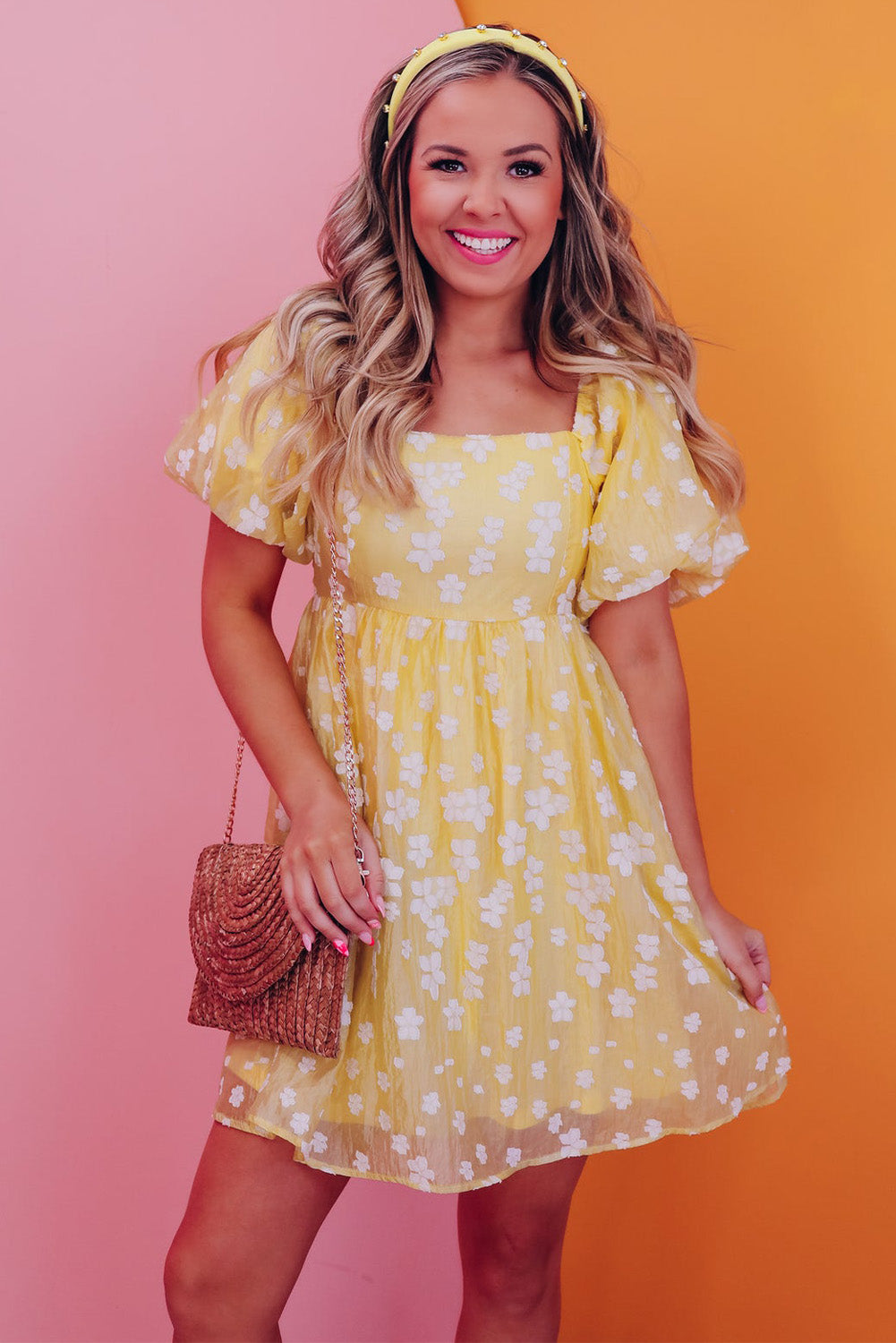 Amarillo boho flor jacquard hojaldre manga cuadrado mini vestido